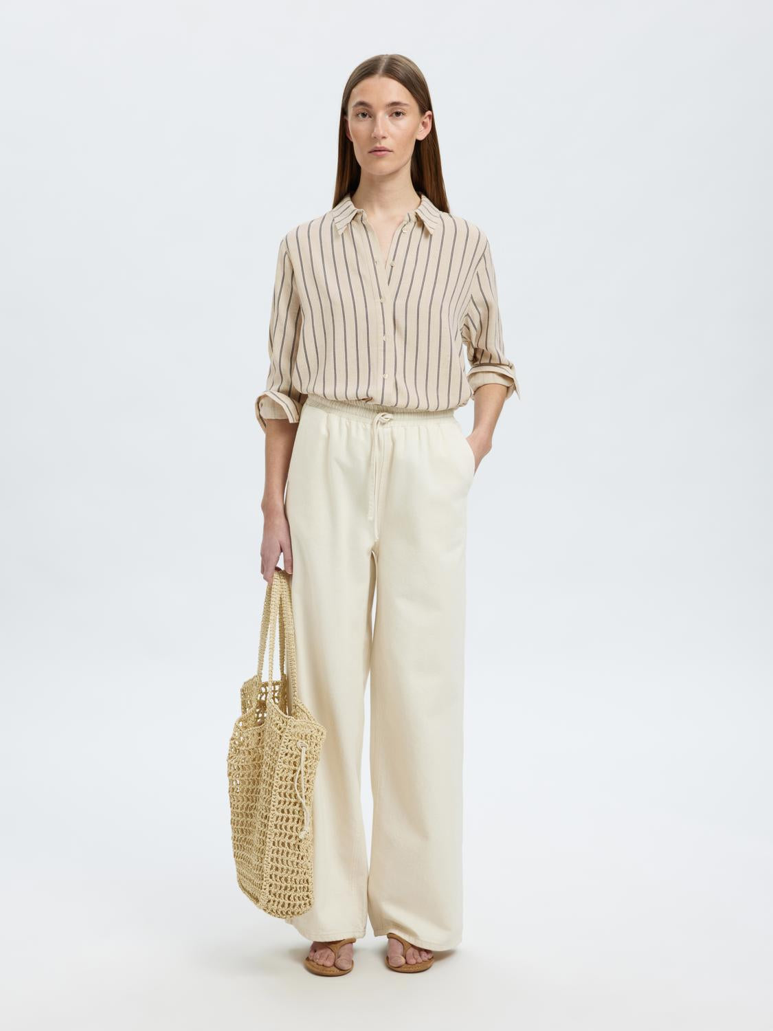 Viva Stripete Lin Skjorte - Beige/ Sandshell