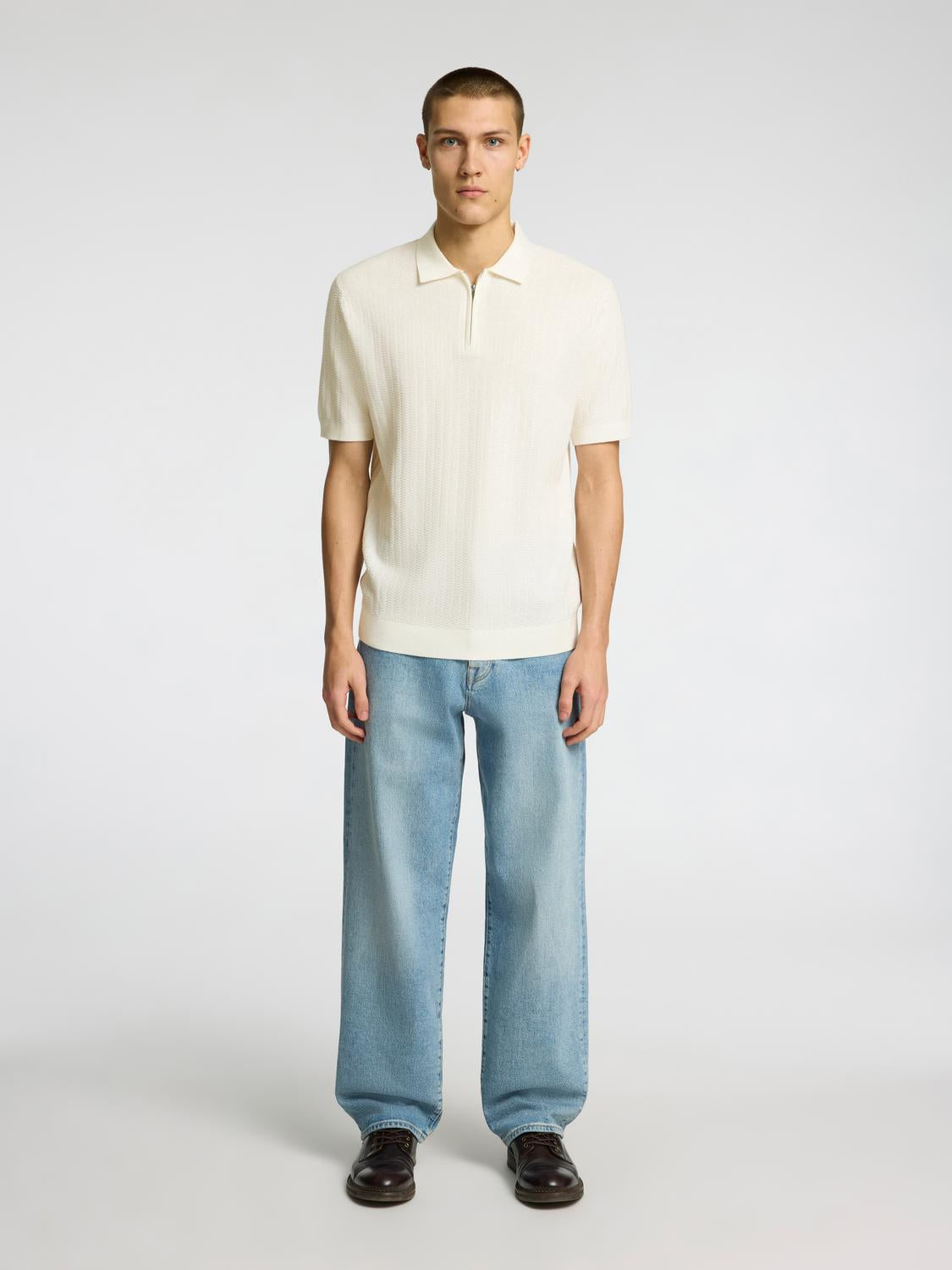 Cran Strikket Half Zip - Beige/ Egret