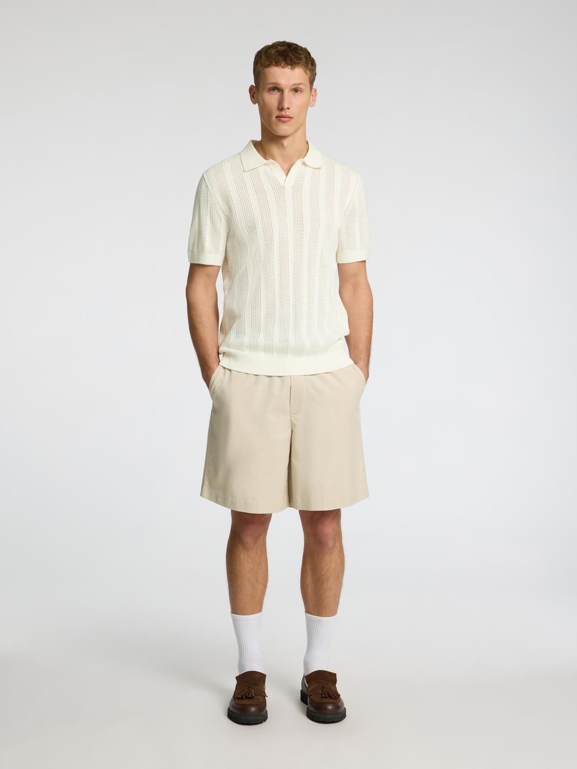Wells Strikket Polo T-skjorte - Beige/ Egret