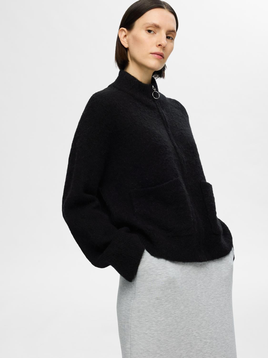 Sia Ras Zipper Strikket Cardigan - Sort/ Black