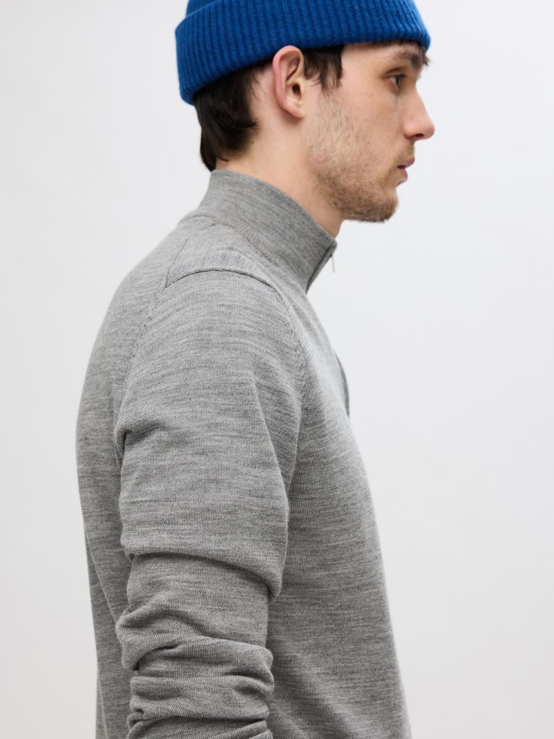 Tray Strikket Merino Half-Zip - Medium Grey Melange