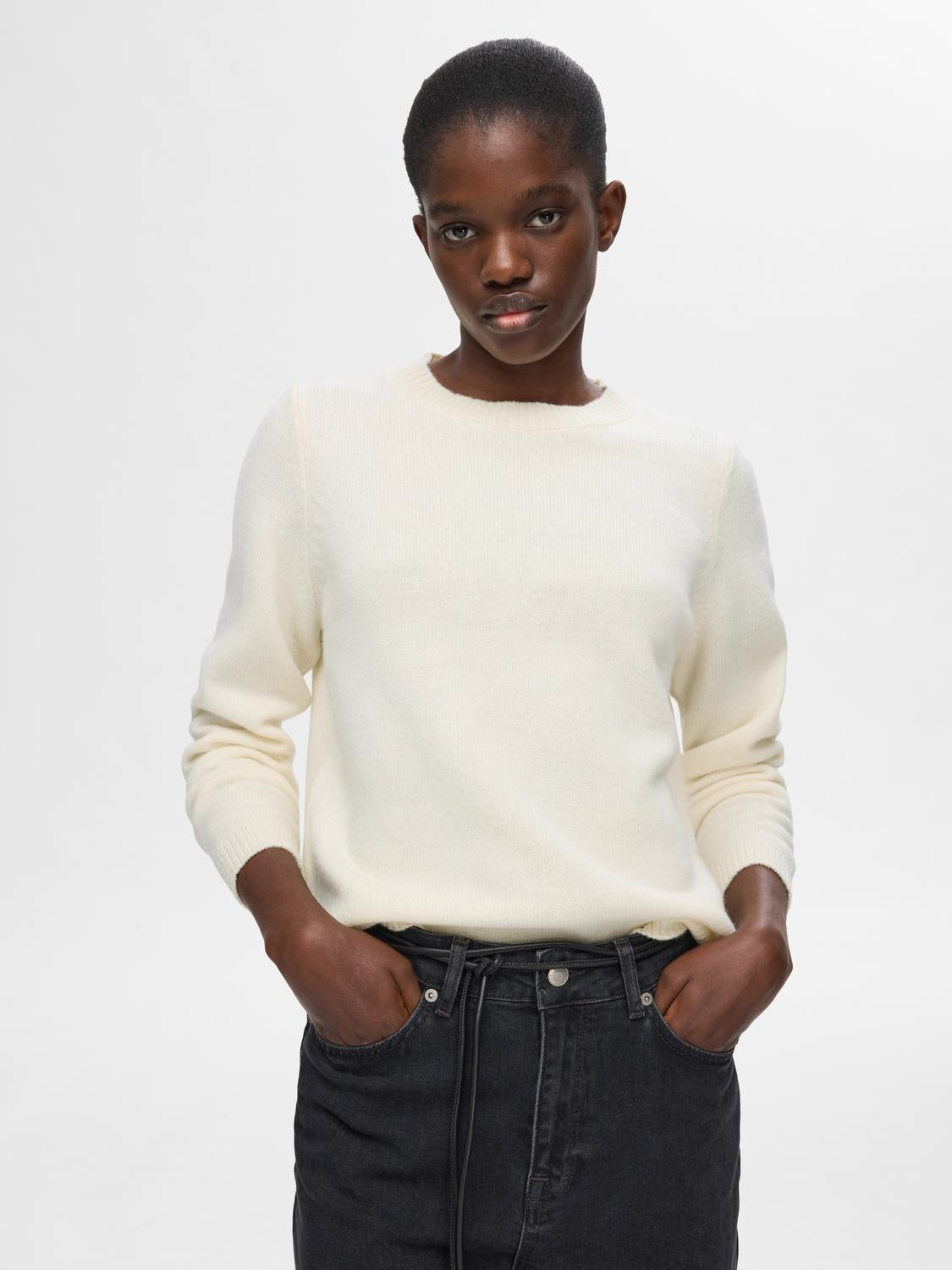 Ana Strikket O-neck Genser - Beige/ Birch