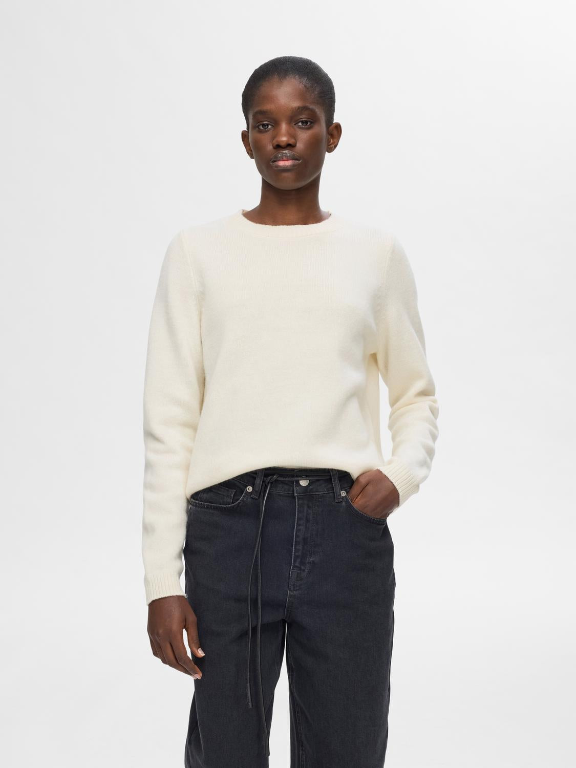 Ana Strikket O-neck Genser - Beige/ Birch