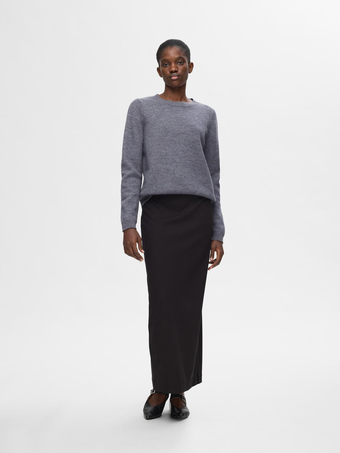 Ana Strikket O-Neck Genser - Medium Grey Melange