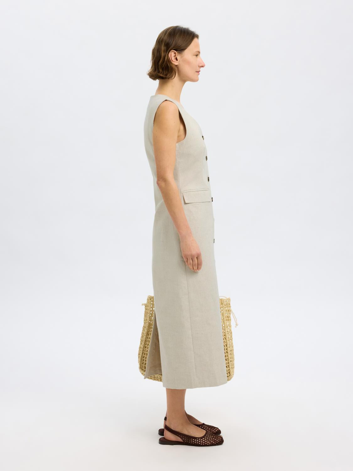 Venja Lang LIn Kjole - Beige/ Nomad