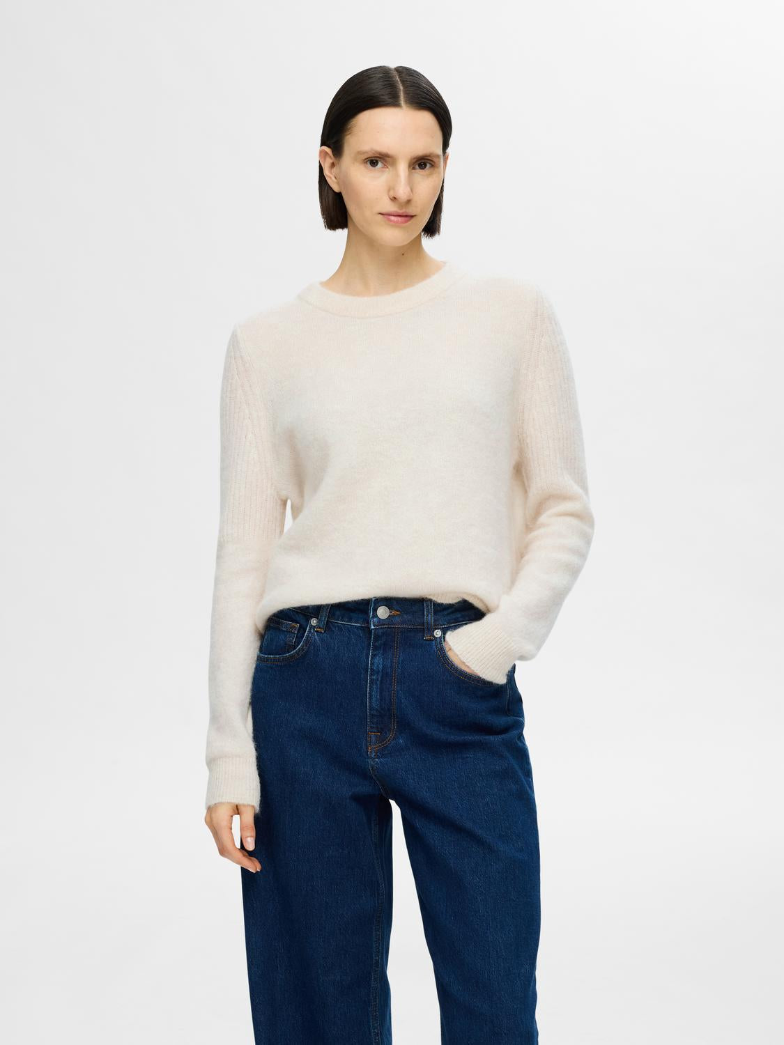 Sia Ras O-Neck strikket Genser - Beige/ Birch