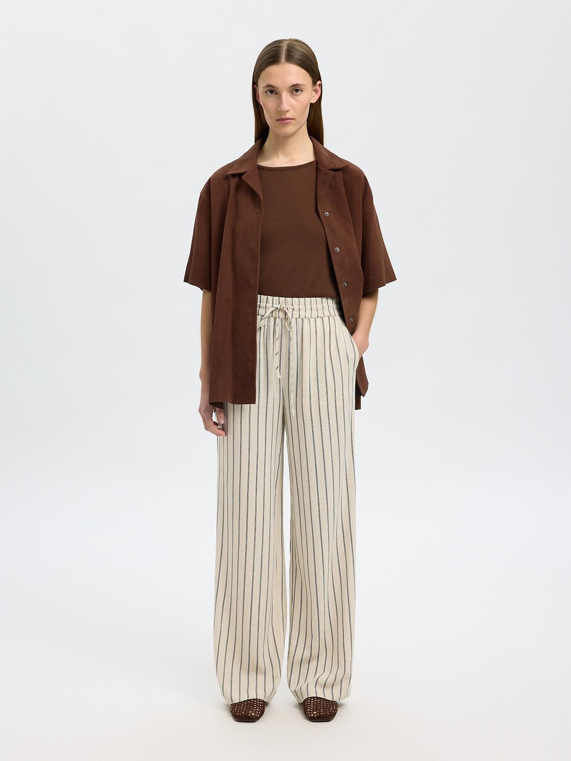 Viva Gulia Stripete Lin Bukser - Beige/ Sandshell