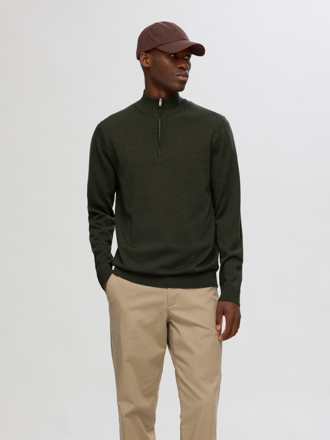 Tray Strikket Merino Half-Zip - Forest Night