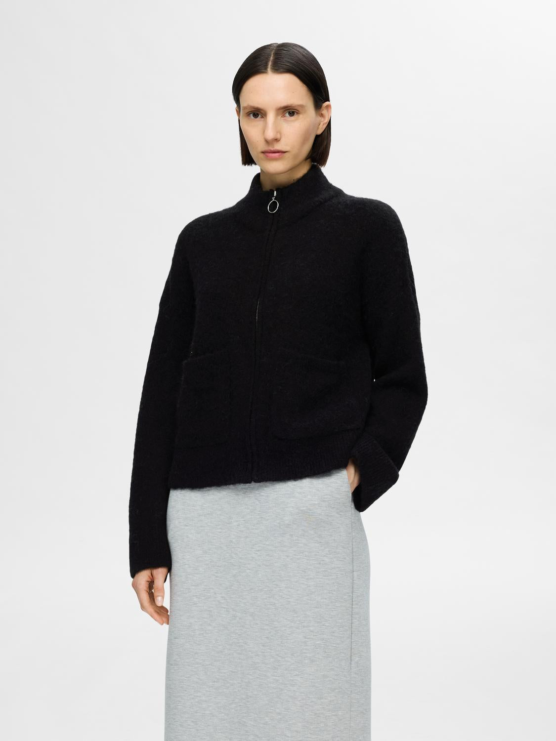 Sia Ras Zipper Strikket Cardigan - Sort/ Black