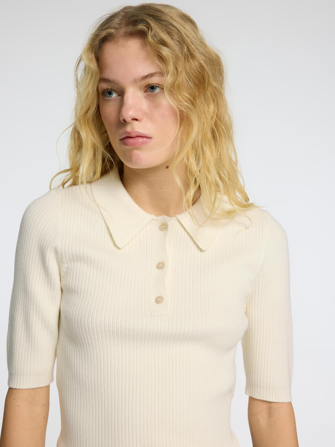 Helen Strikket Polo Skjorte - Beige/ Birch