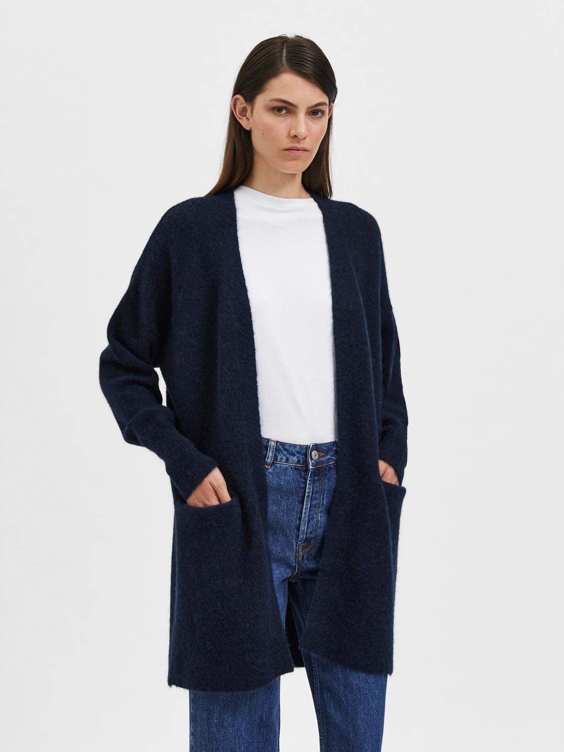 Lulu Strikket Lang Cardigan - Blå/ Dark Sapphire
