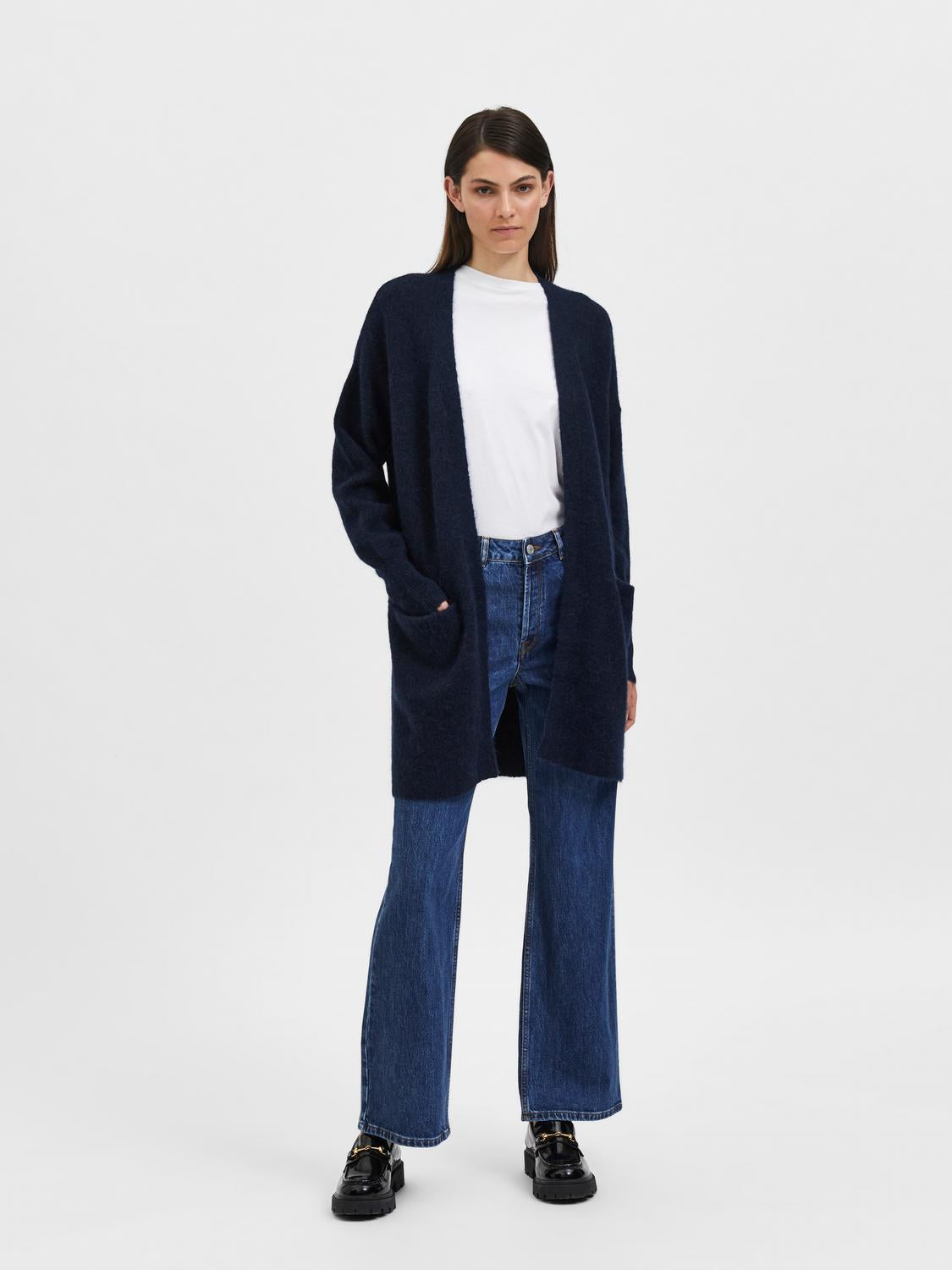 Lulu Strikket Lang Cardigan - Blå/ Dark Sapphire