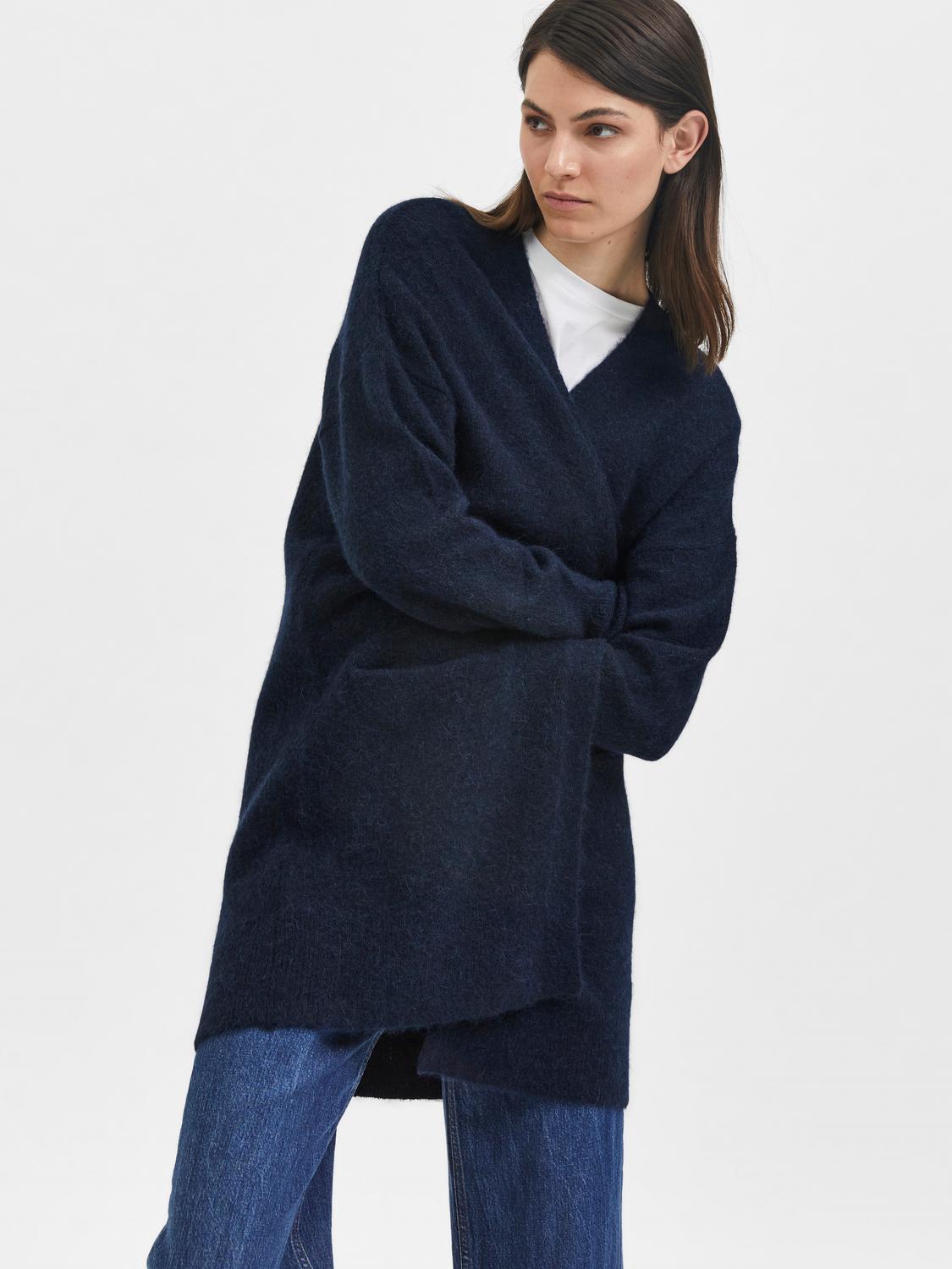 Lulu Strikket Lang Cardigan - Blå/ Dark Sapphire