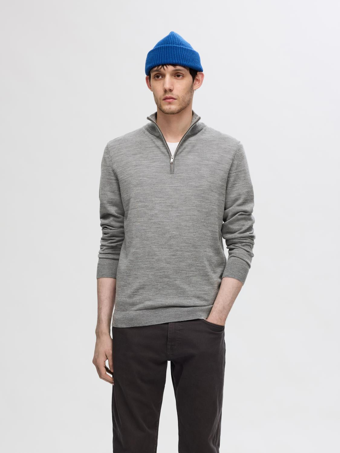 Tray Strikket Merino Half-Zip - Medium Grey Melange