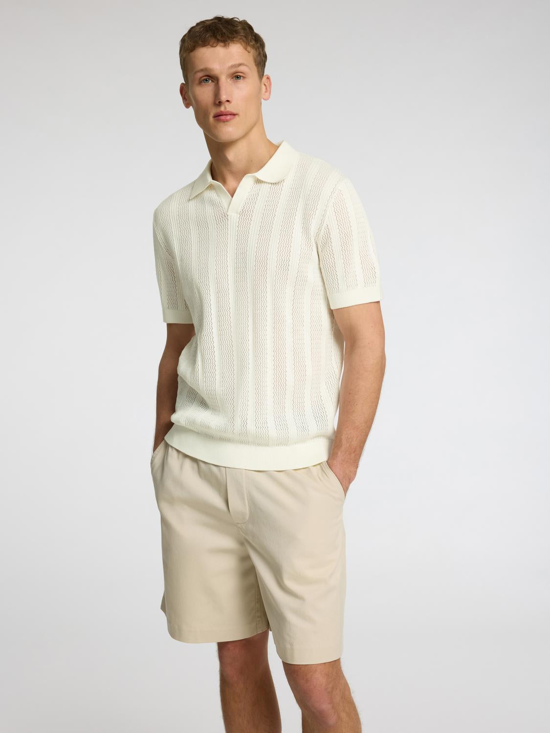Wells Strikket Polo T-skjorte - Beige/ Egret