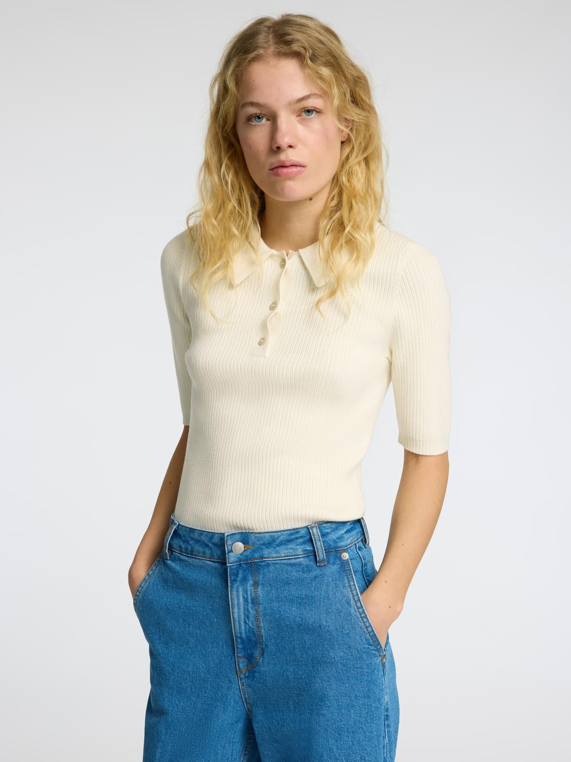 Helen Strikket Polo Skjorte - Beige/ Birch