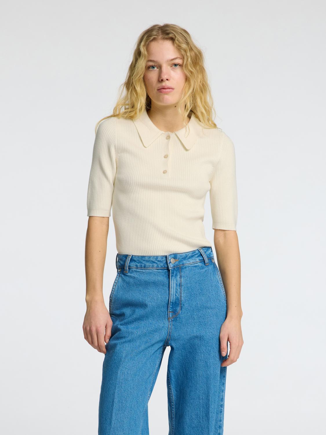 Helen Strikket Polo Skjorte - Beige/ Birch