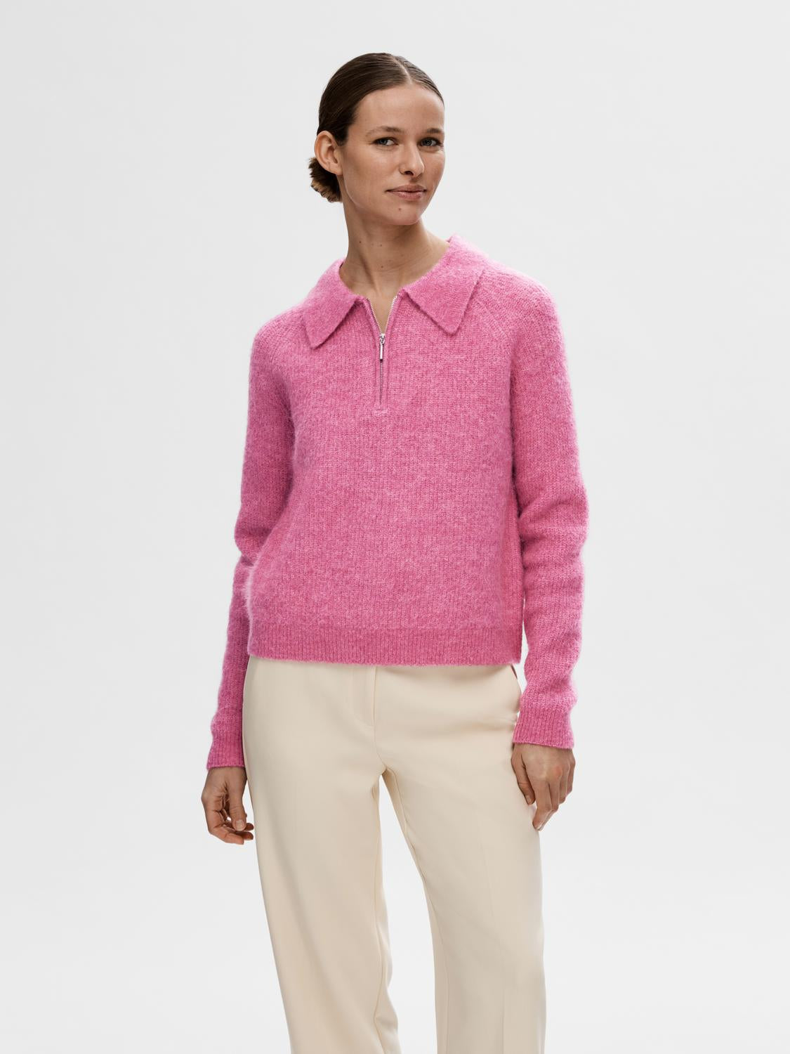 Sia Mynte half zip genser med krage - Rosa/ Phlox Pink