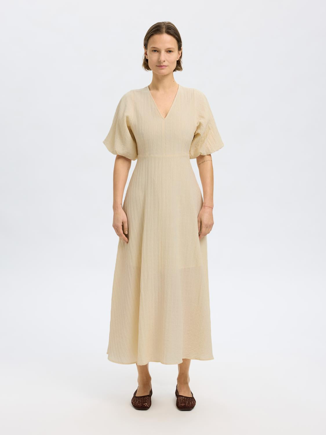 Maddie Midi Kjole  - Beige/ Birch