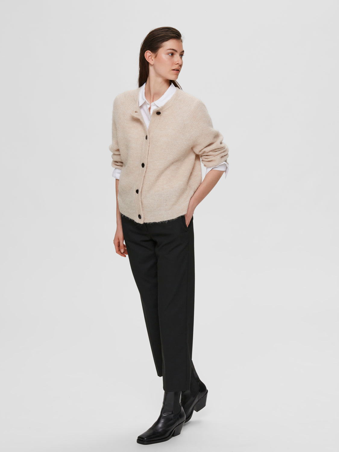 Lulu kort ullcardigan - Beige/ Birch