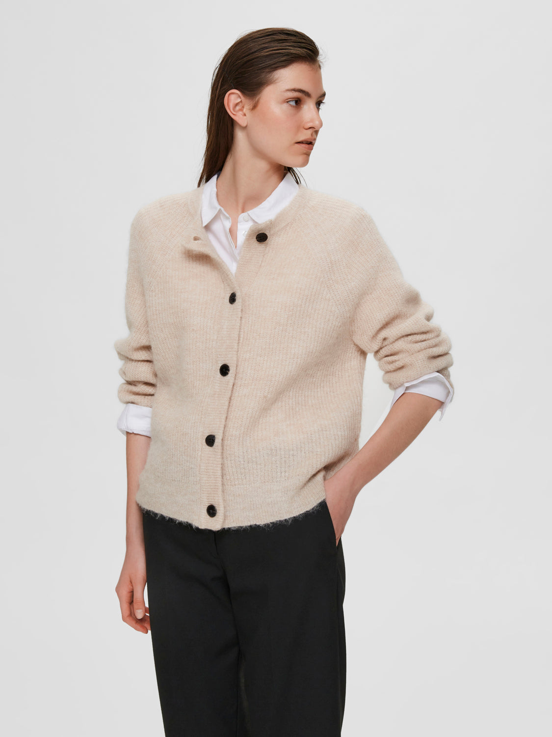 Lulu kort ullcardigan - Beige/ Birch