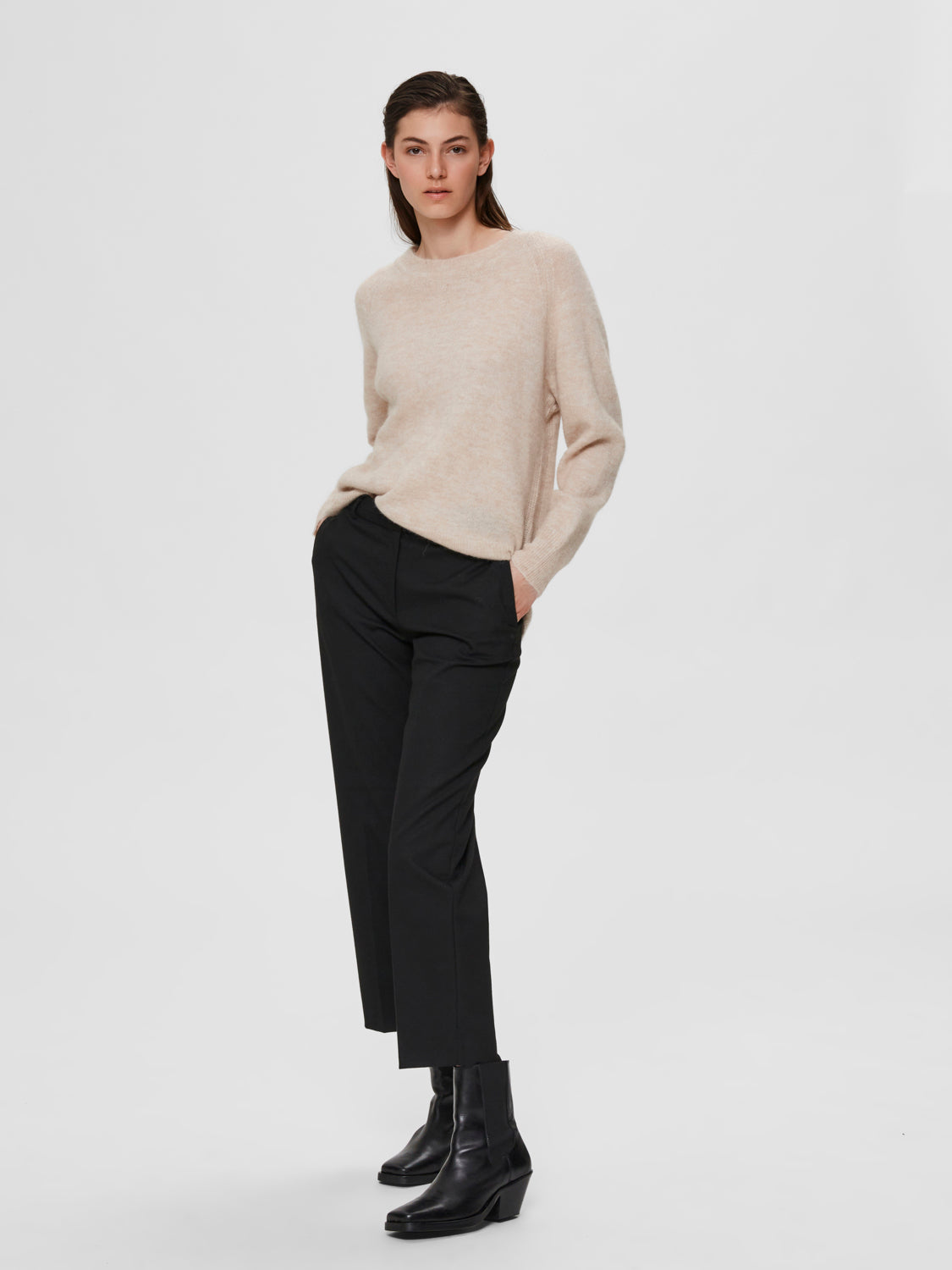 Lulu O-Neck Strikket Genser - Beige/ Birch