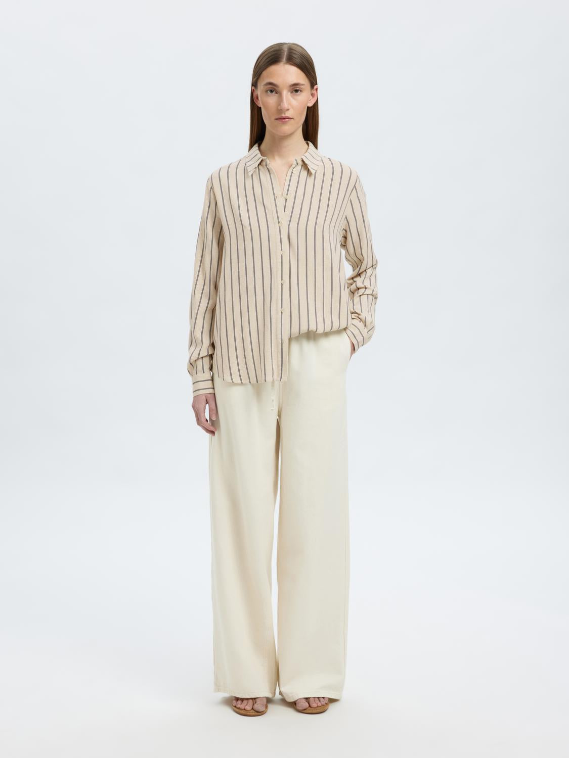 Viva Stripete Lin Skjorte - Beige/ Sandshell