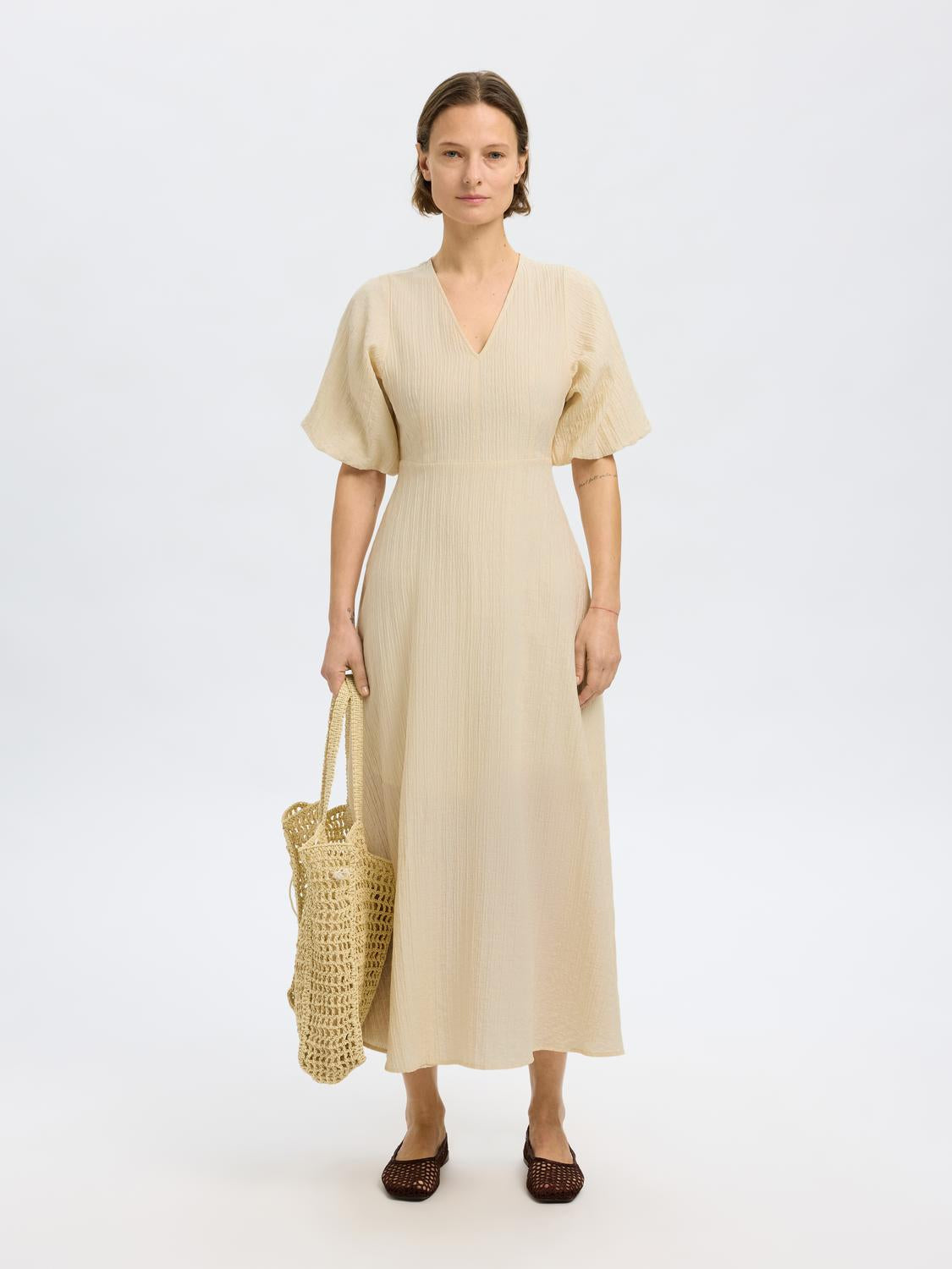 Maddie Midi Kjole  - Beige/ Birch
