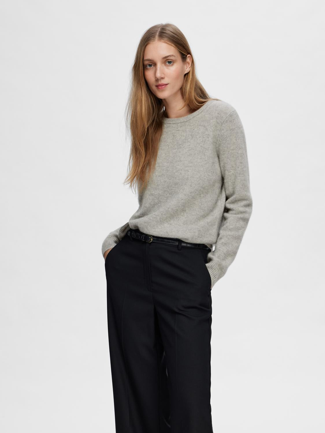 Manila Strikket Cashmere O-Neck Genser - Grå/ Light Grey Melange