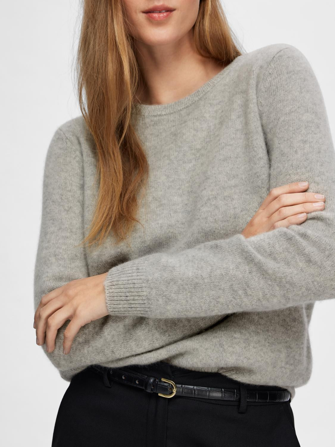 Manila Strikket Cashmere O-Neck Genser - Grå/ Light Grey Melange