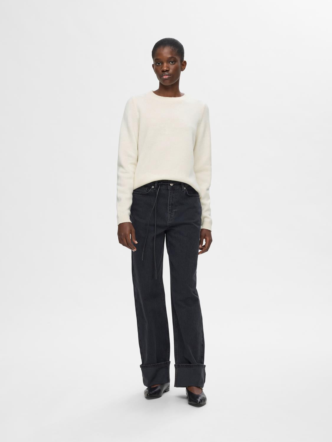 Ana Strikket O-neck Genser - Beige/ Birch