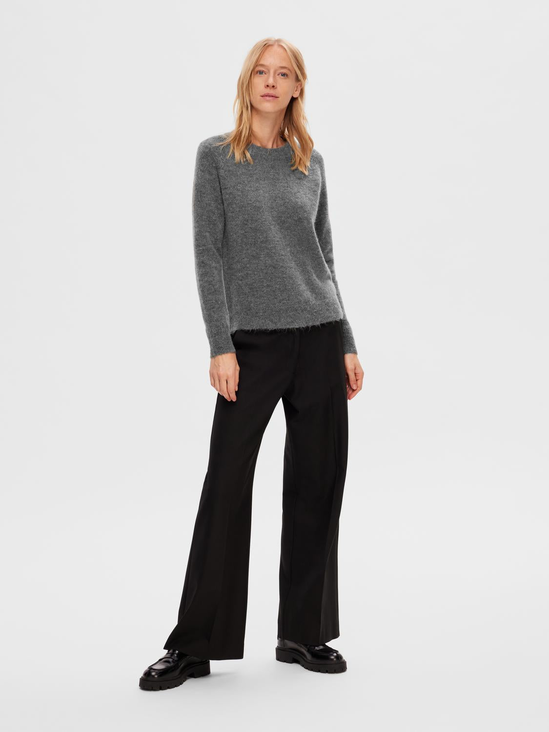 Lulu O-Neck Strikket Genser - Medium Grey Melange