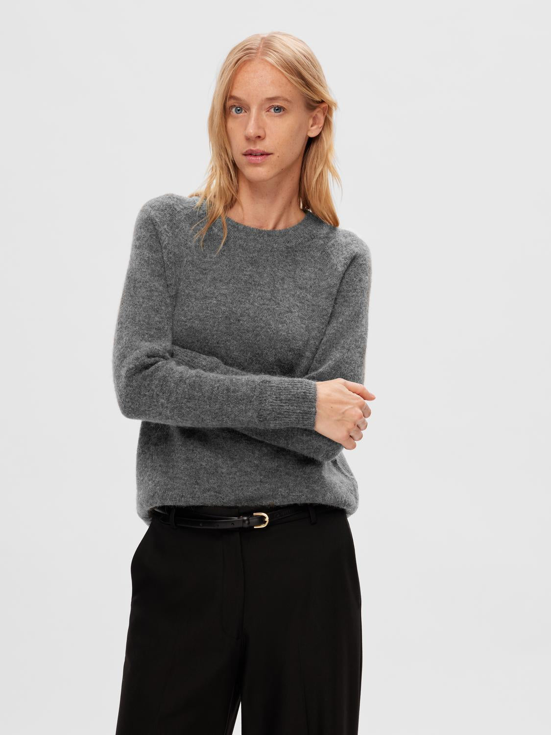 Lulu O-Neck Strikket Genser - Medium Grey Melange