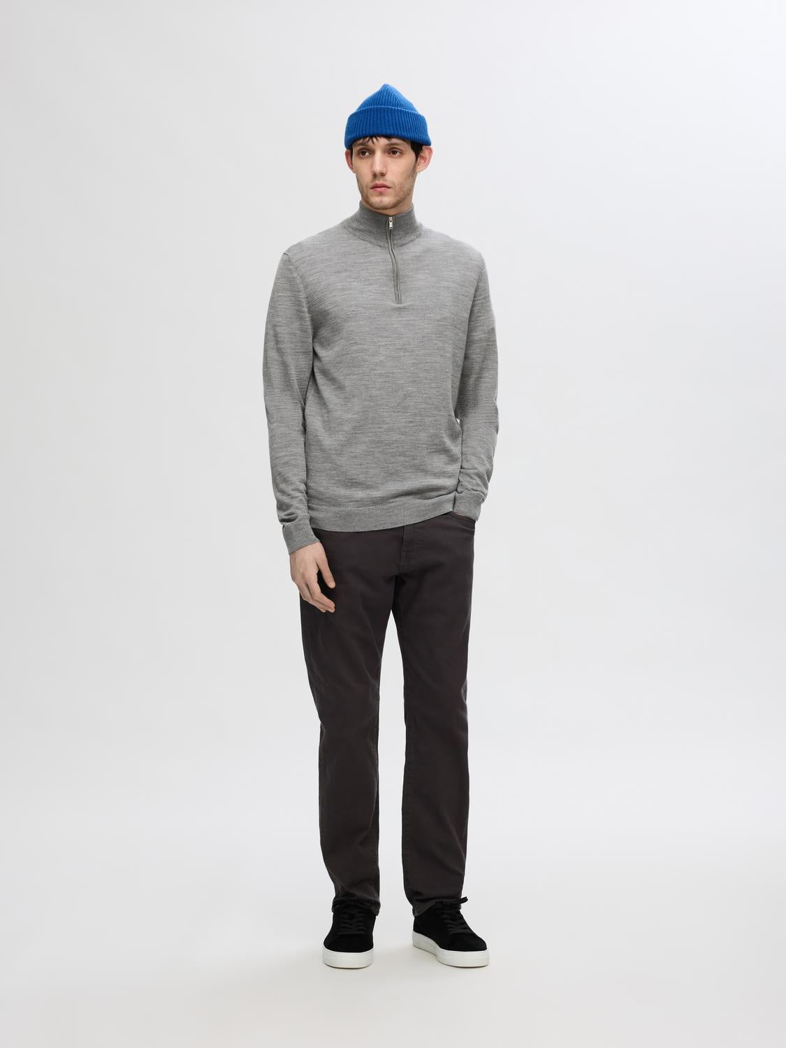 Tray Strikket Merino Half-Zip - Medium Grey Melange