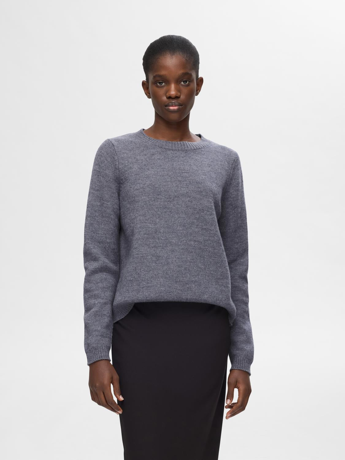 Ana Strikket O-Neck Genser - Medium Grey Melange