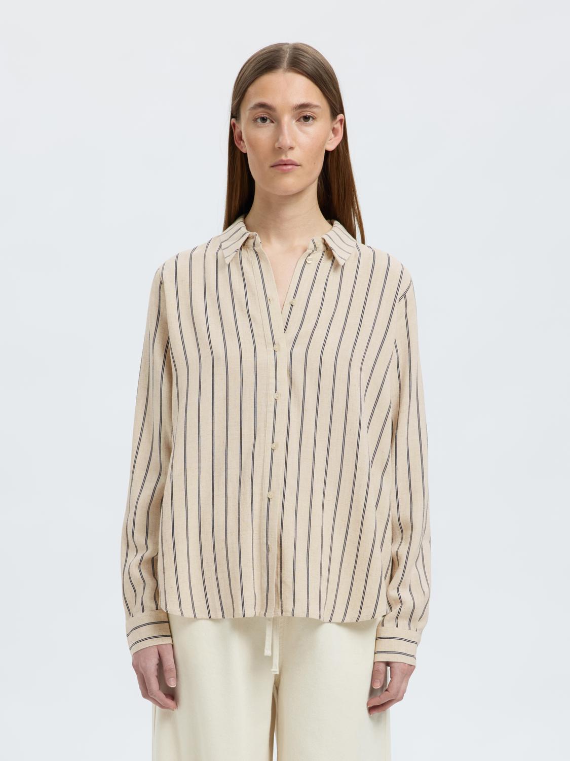 Viva Stripete Lin Skjorte - Beige/ Sandshell