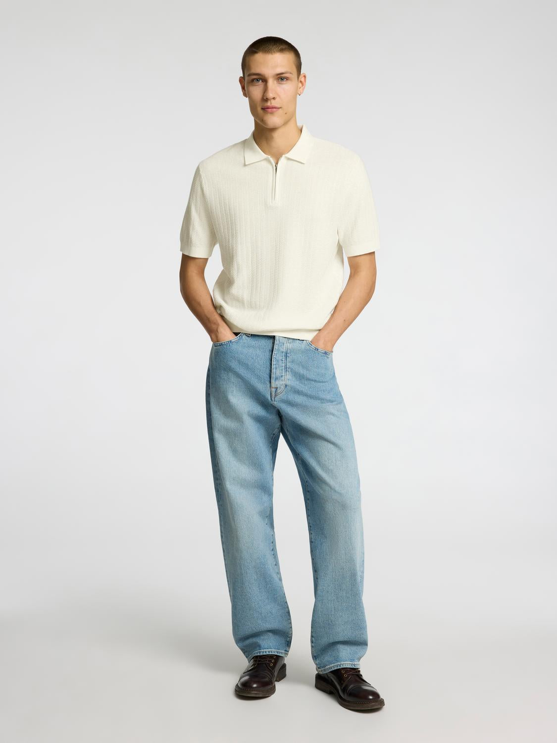 Cran Strikket Half Zip - Beige/ Egret