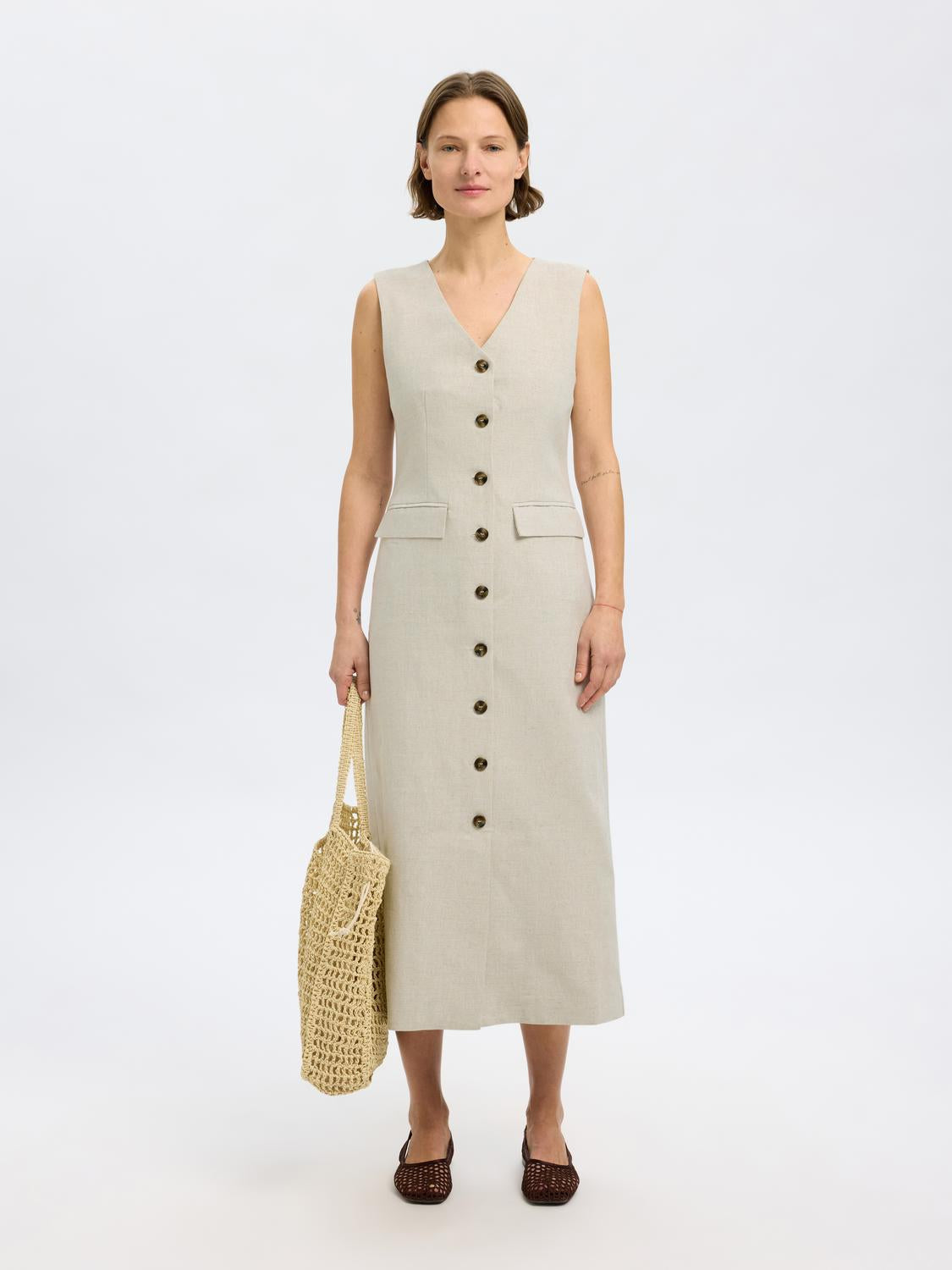 Venja Lang LIn Kjole - Beige/ Nomad